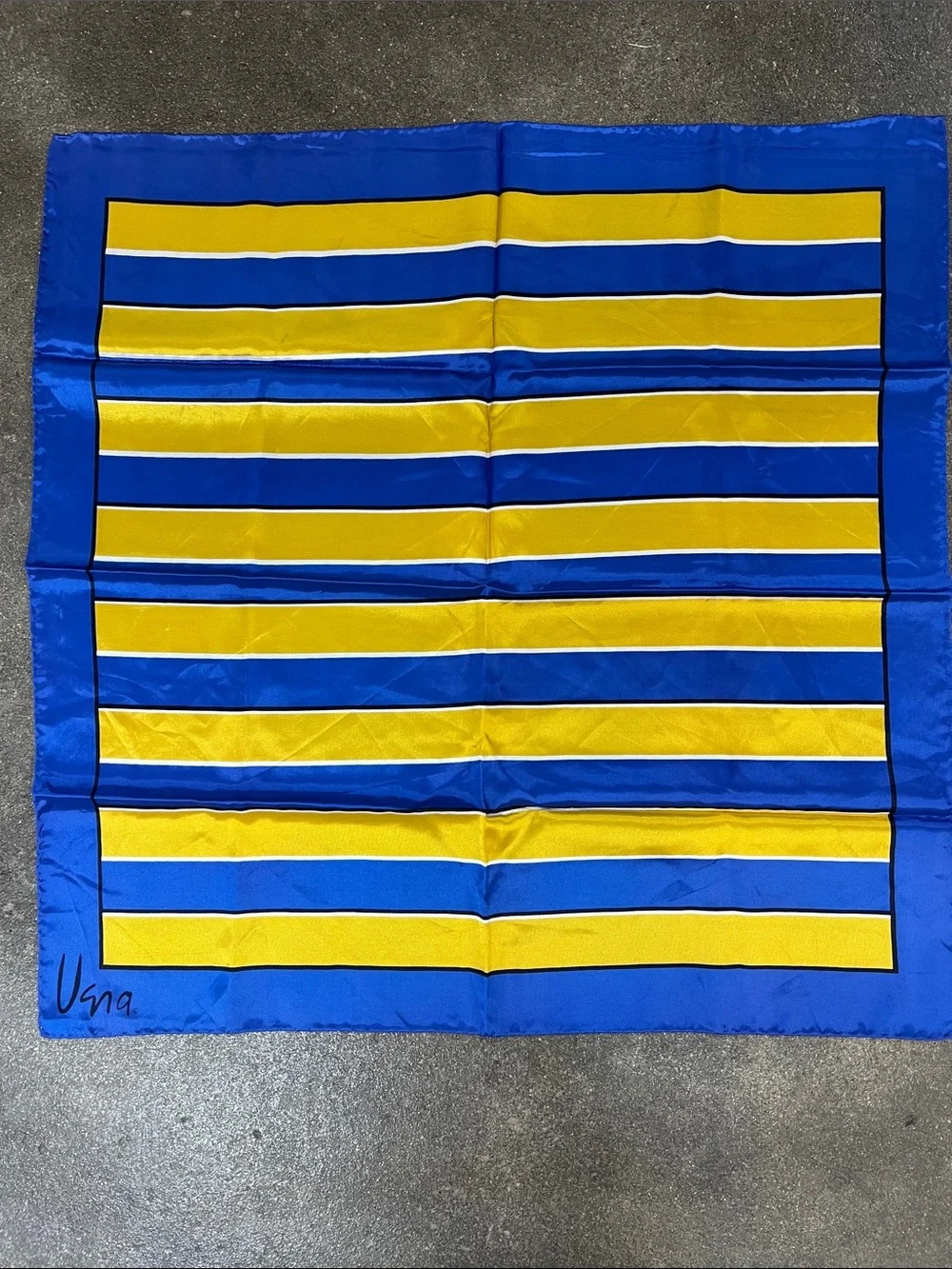Vintage Vera Neumann blue / gold scarf 100% acetate made in Italy large logo